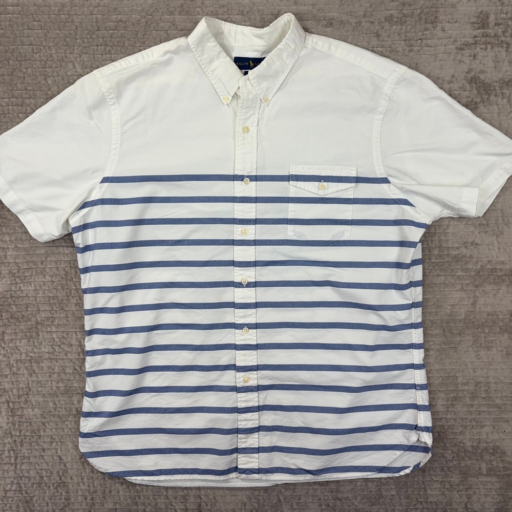 Ralph Lauren XXL Slim Fit Short Sleeve Striped Oxford Button Down Shirt‎ White